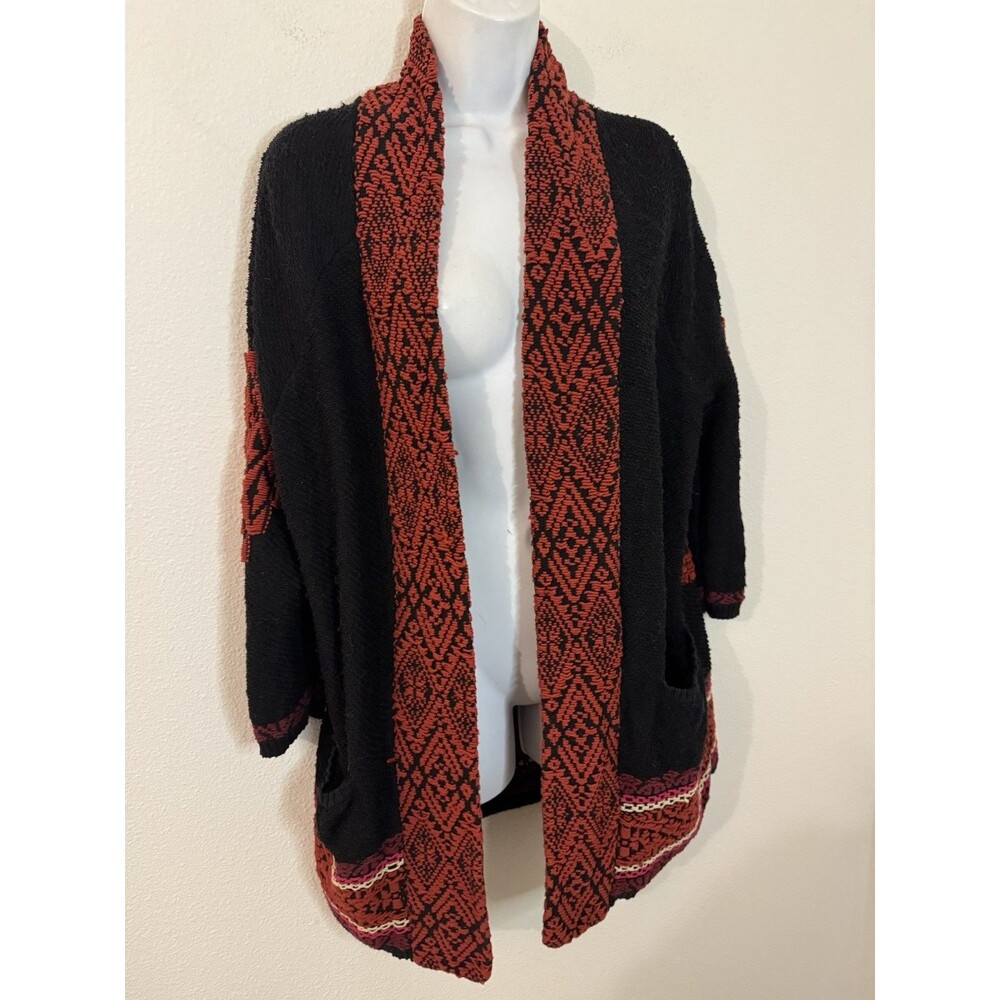 Lucky Brand Sweater Aztec Knit Shawl Collar Open Cardigan  M Cotton Linen Blend